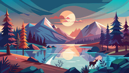 vector of Mountain lake at dawn deer morning light and sun scenic reflection illustration