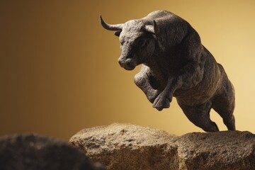 Fototapeta premium Powerful bull leaping over rocks against a warm backdrop.