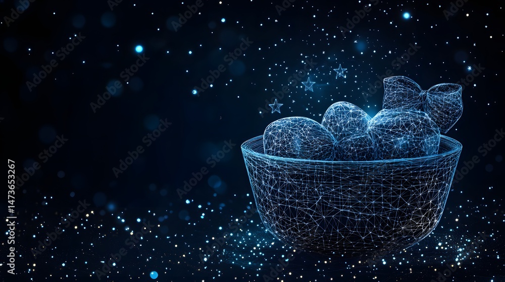 Poster enchanting basket of luminous spheres, tied with a glowing bow, presented in a dreamy, bokeh-filled 