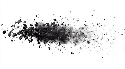 Dark substance explodes into fragmented pieces against a white background
