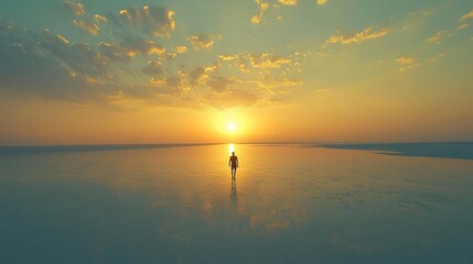 Fototapeta premium Sunset over serene salt flat with solitary figure walking towards horizon in expansive landscape