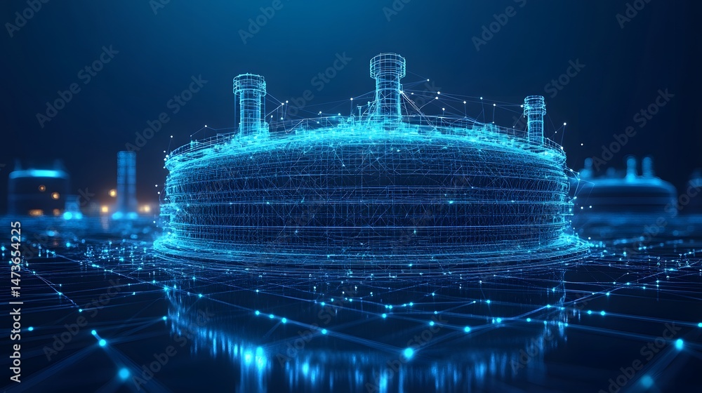 Fototapete Futuristic industrial complex with glowing blue wireframe design. Digital representation of a storage tank and connected network infrastructure. Abstract wireframe in dark blue.