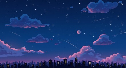 Fototapeta premium Pixel Art City Nightscape Under Pink And Purple Sky