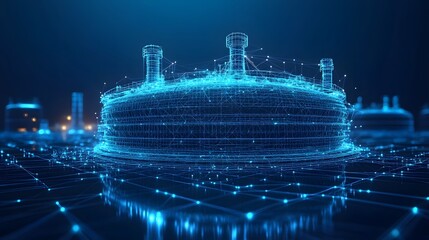 Fototapeta premium Futuristic industrial complex with glowing blue wireframe design. Digital representation of a storage tank and connected network infrastructure. Abstract wireframe in dark blue.