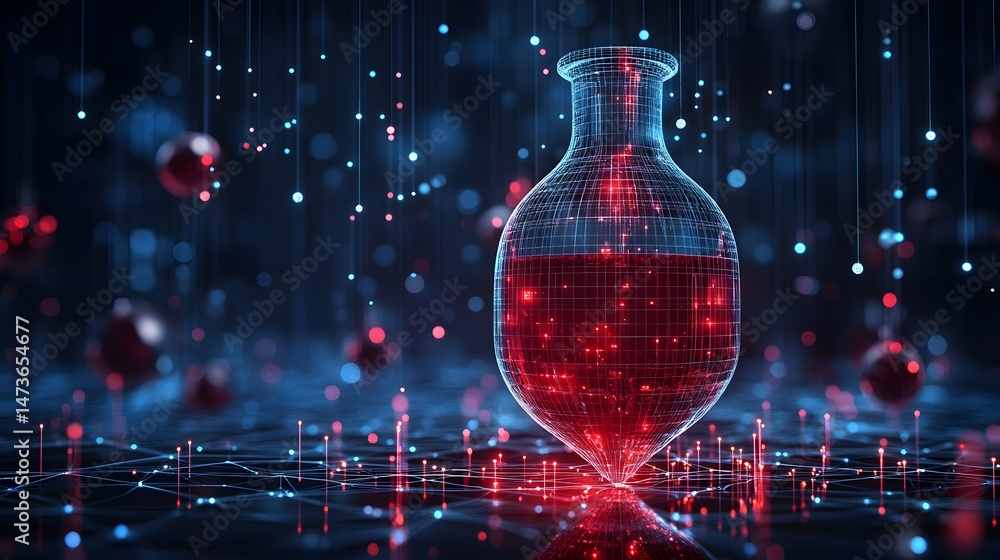 Poster futuristic lab flask with glowing red liquid and particles, set against a dark, abstract data grid e
