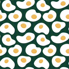 Fried eggs seamless pattern. Sunny side up eggs pattern on green plaid background. Healthy breakfast pattern for wrapping paper, fabric, cover design