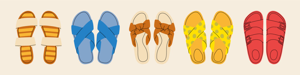 Set of colored summer sandals in cartoon style. Vector illustration of various open summer sandals with straps, low and high platform isolated on white background. Summer cute slippers and sandals
