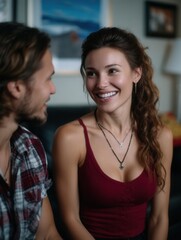 Fototapeta premium Young Woman Laughing and Engaged in Conversation with Man in a Cozy Indoor Setting