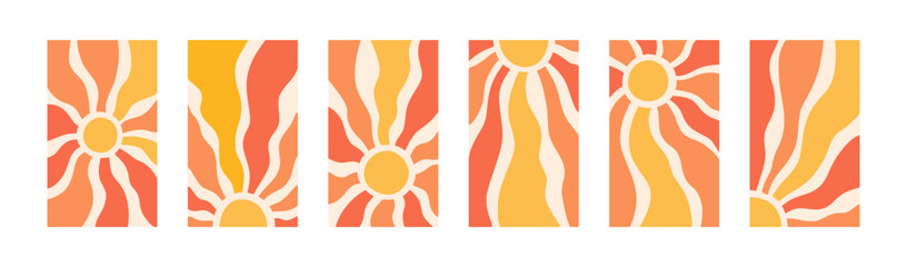 Yellow sun rays backgrounds set. Wavy rays in groovy style. Abstract sun burst poster. Psychedelic texture. 70s, 80s design. Radial wave lines. Vector illustration isolated on white background.