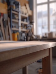 Wooden workbench in a busy workshop.  Sunlight highlights the smooth surface