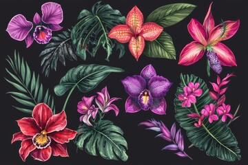 Detailed rainforest flowers such as passion flowers and orchids, bringing exotic elegance to floral-themed compositions.