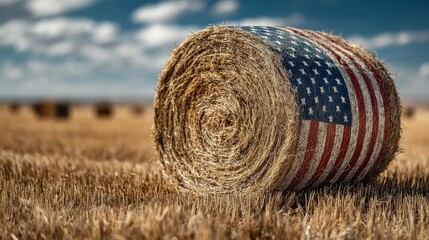 American flag on hay bale: Capturing the patriotic spirit and rustic charm of the American heartland. A bale of hay, emblazoned with the flag of the United States, rests in a field.