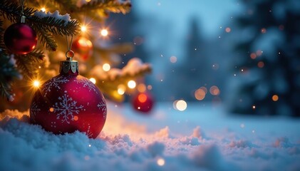 Festive Christmas sparkles adorn a winter scene , light, snow, glitter background