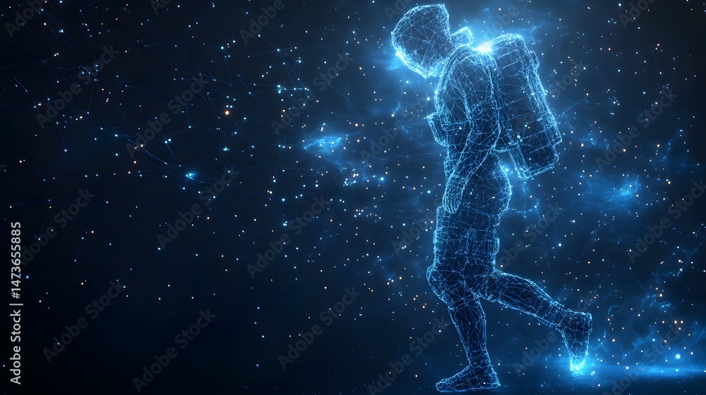 Poster Digital astronaut exploring a virtual frontier. Wireframe spacesuit walker embodies technological advancement, creating a sense of futuristic exploration and discovery. Abstract wireframe in dark blue