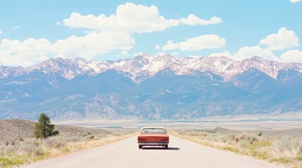 A red car drives down a road towards a mountain range.