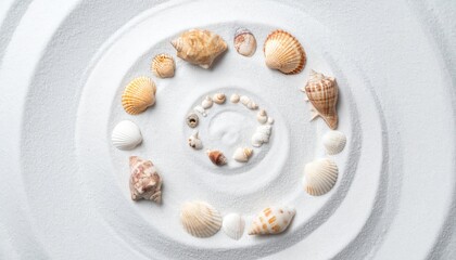 Fototapeta premium Artful arrangement of seashells on a white plate culinary display minimalist style close-up perspective