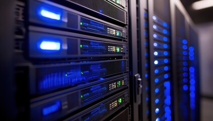Close-up view of server racks in a data center, illuminated with blue lights.  Rows of server units,  equipped with various electronic components, are visible.  Modern technology
