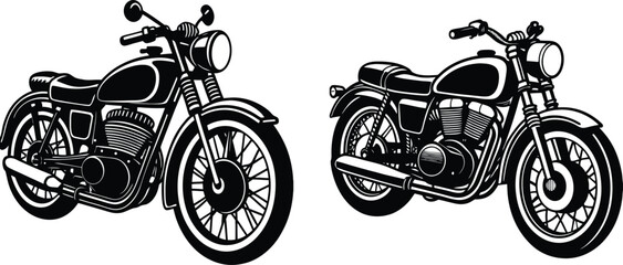 Classic Vintage Motorcycle Vector Set. Retro Motorbike Black and White Art
