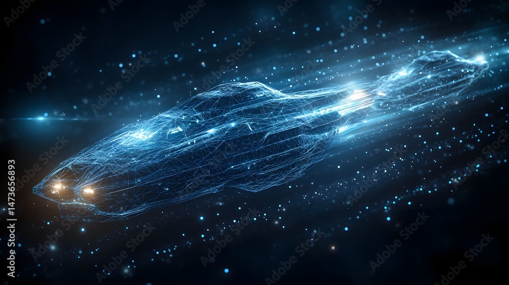 Poster futuristic vehicle hurtles through space, leaving a vibrant blue trail. wireframe design emphasizes 
