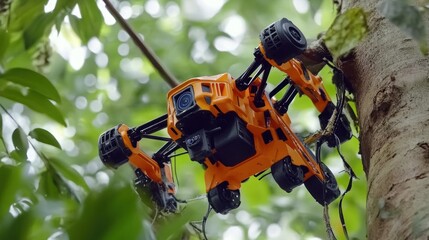 Orange drone suspended in tree
