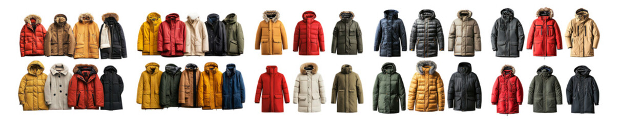 Vibrant Collection of Winter Coats in Various Styles and Colors, Isolated on Transparent, white background