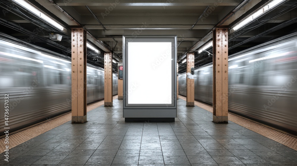 Aufkleber a stunning image of empty advertisement display in nyc subway station. fast moving train visible in 