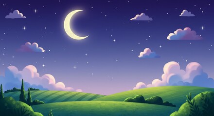 Obraz premium Pixel Art Night Landscape with Crescent Moon and Starry Sky