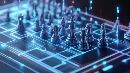 Management and organization.Business process management and automation concept with chess on flowchart diagram.Workflow implementation to improve productivity and efficiency.3d render and illustration