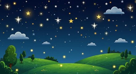 Fototapeta premium Pixel Art Night Landscape with Glowing Stars and Hills