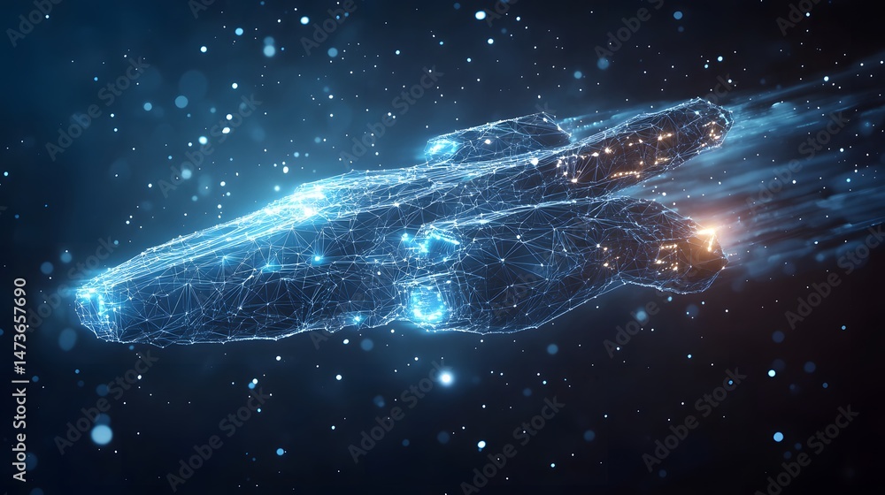 Fototapete Futuristic spaceship hurtles through the cosmos. Wireframe design glows, navigating the starry void. A concept of advanced technology and interstellar travel. Abstract wireframe in dark blue.