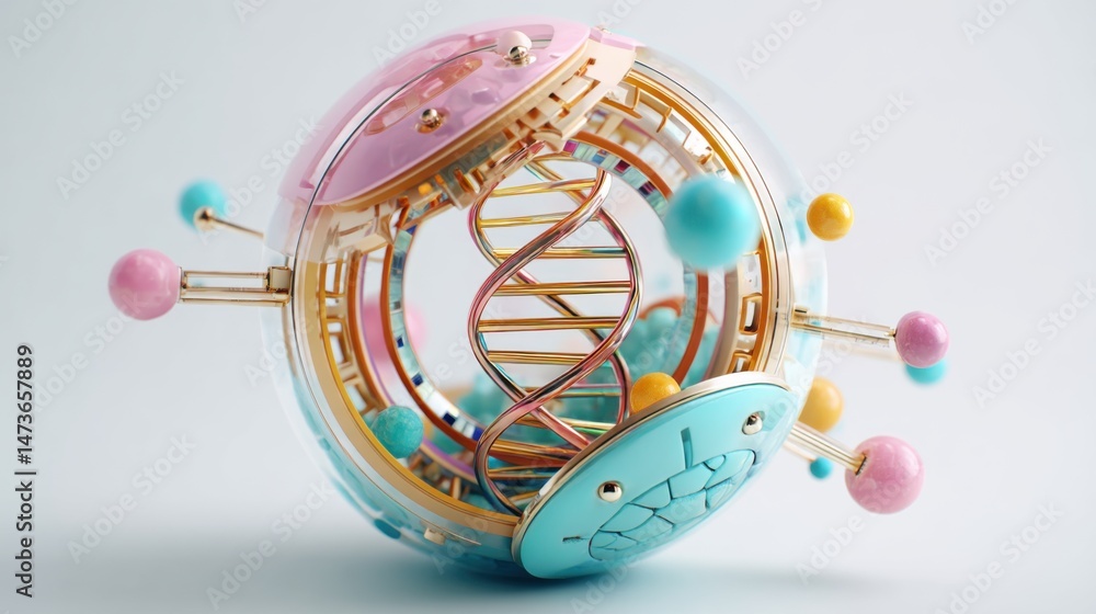 Poster abstract 3d rendering of a dna molecule in pastel colors within a sphere