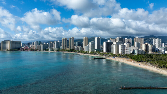 Aerial view of downtown Waikiki Beach high rise towers