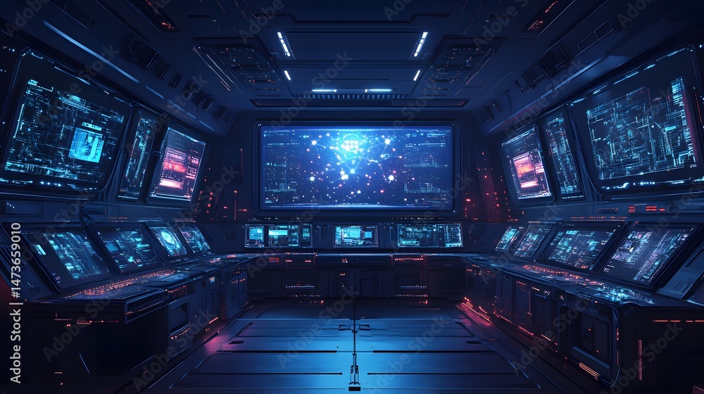 Leinwandbilder Futuristic control room bathed in blue and red light. Interconnected consoles display complex data. A large screen shows a cosmic network. High-tech command center. Abstract wireframe in dark blue.
