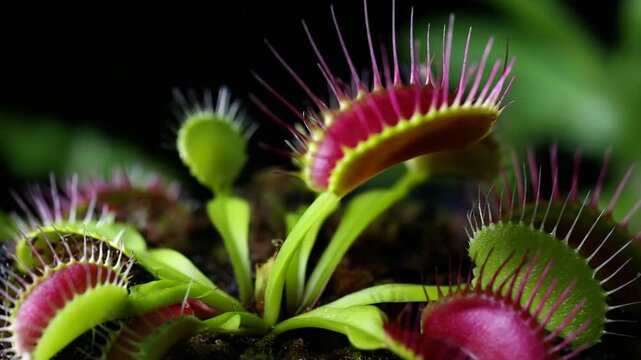 Macro shot of a vibrant venus flytrap with deep red and green trap leaves on a mossy surface, set against a dark blurred background. Concept of exotic plant adaptation and survival