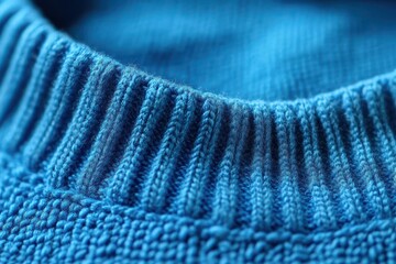 Close-up of a vibrant blue knitted fabric's neckline