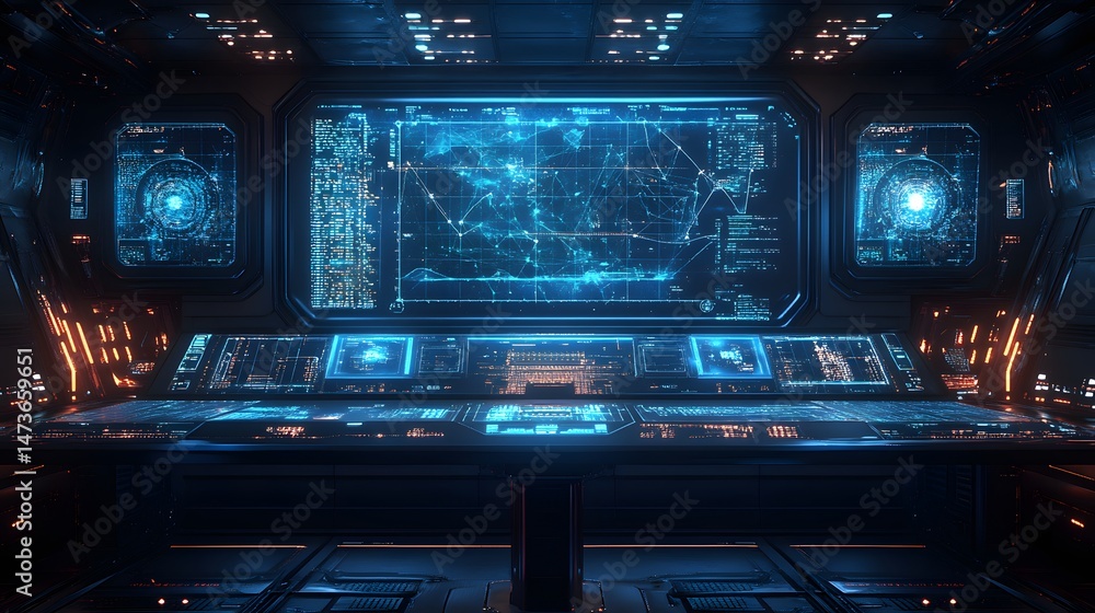 Leinwandbilder futuristic cockpit interior featuring large screens displaying complex data visualizations. control 