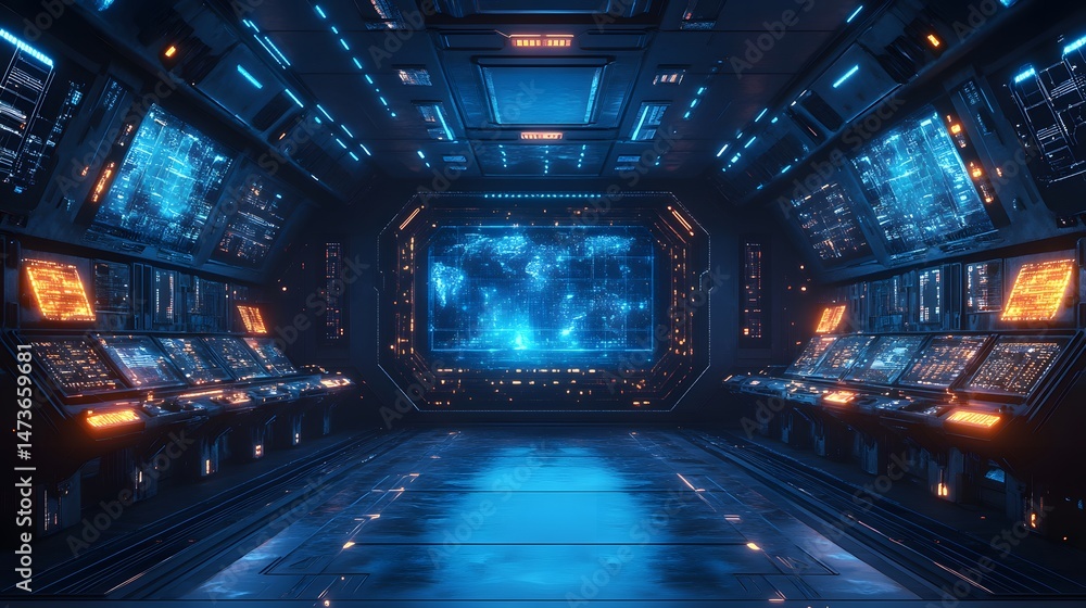 Poster Futuristic control room with a central glowing screen displaying a complex data network. Dark metallic panels and neon accents create a high-tech atmosphere. Abstract wireframe in dark blue.