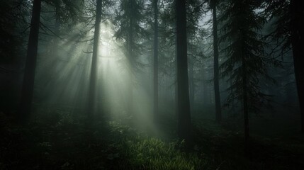 Obraz premium Dark and eerie scene of a forest. the trees are tall and slender, with their trunks reaching up towards the sky.