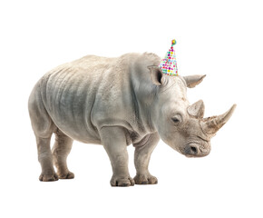 Obraz premium Rhinoceros wearing a birthday hat celebrating a joyful occasion on a transparent background, cut out