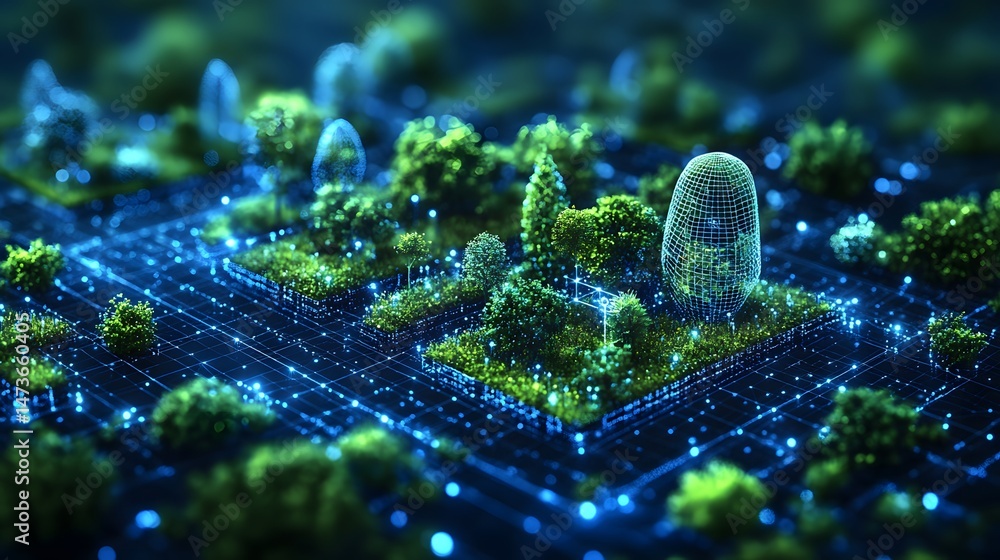 Aufkleber futuristic landscape showcasing interconnected green islands via a glowing blue grid. stylized capsu