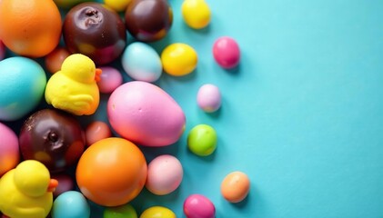 Obraz premium Colorful assortment of Easter candy, including chocolate eggs, jellybeans, and marshmallow chicks , chocolate bunnies, chicks, sweets