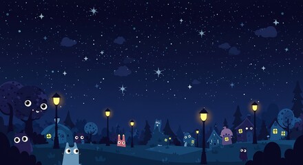 Pixel Art Night Village Scene with Cute Animals under Starry Sky