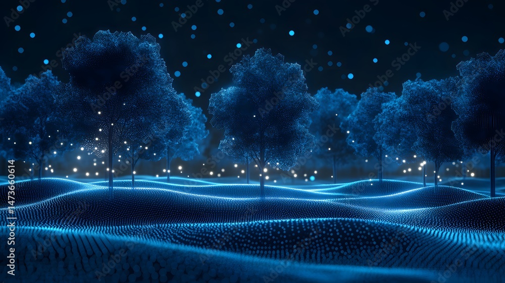 Poster experience a mesmerizing, digital forest at night, rendered in glowing blue dots. rolling hills lead