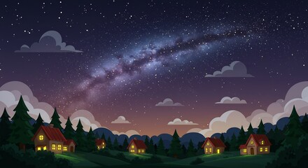 Pixel Art Night Village Under Milky Way Galaxy