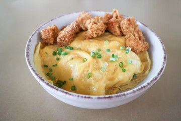 creamy omelet or omelet or omelette or fried egg with fried chicken or crispy chicken or chicken