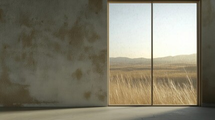 Empty room with a large window on the right side. the window is open, allowing natural light to enter the room. on the left side of the image, there is a wall with a rough texture and peeling paint.