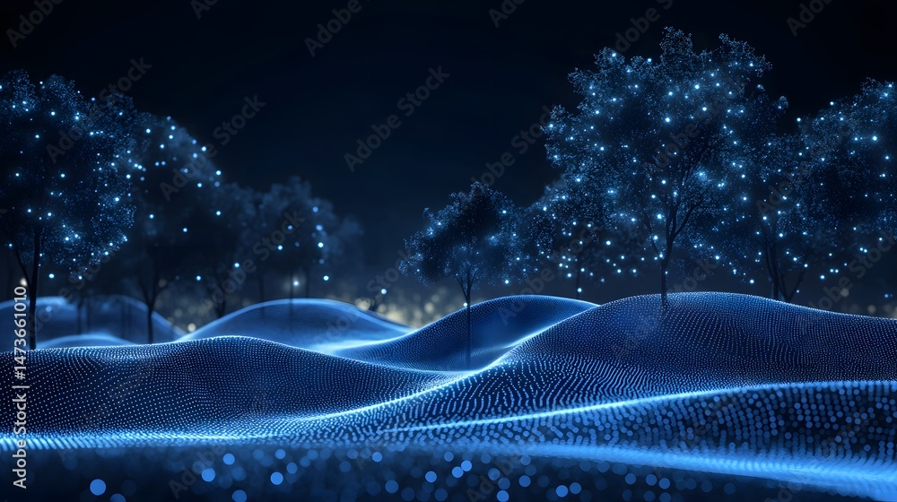 Aufkleber ethereal nightscape featuring undulating hills formed by a dense blue dot grid. sparse, glowing tree