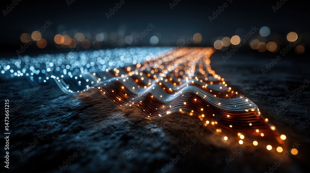 Poster illuminating pathways: a dynamic composition of luminous pathways, conveying the essence of technolo