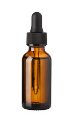Brown glass dropper bottle containing liquid on transparent background