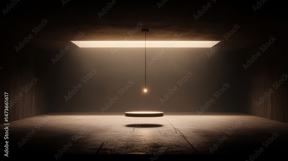 Poster a dimly lit room with a single light source casting a warm glow on the wooden floor and a circular p